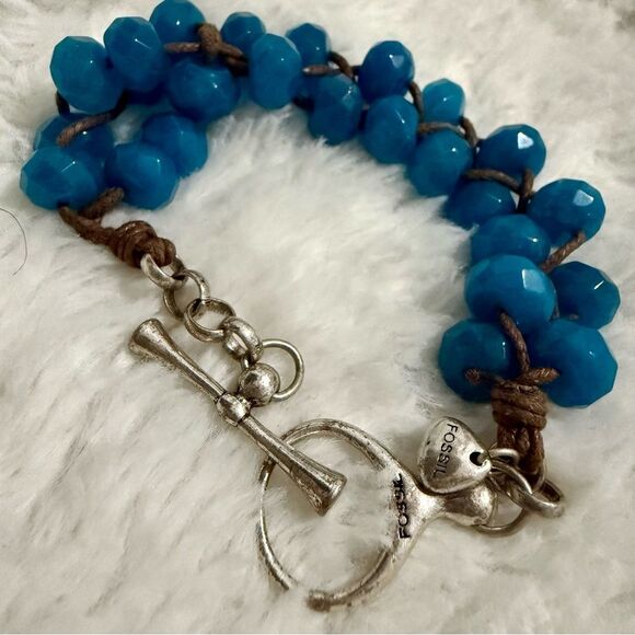 FOSSIL BRAIDED BLUE BEAD BRACELET WITH TOGGLE CLASP – 7.5” - Picture 4 of 17